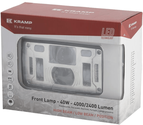 Pièces agricoles - Eclairage - Phare LED, 40/22W, rectangulaire, 10-30V, 185x102x82, feu de route/croisement, feu de position, connecteur H4, Kramp