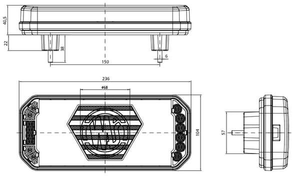Pièces agricoles - Eclairage - Feu arrière multifonction LED, droit, avec plaque d'immatriculation latérale, rouge/orange/blanc, 12-24 V, 236 x 104 x 40,5 mm