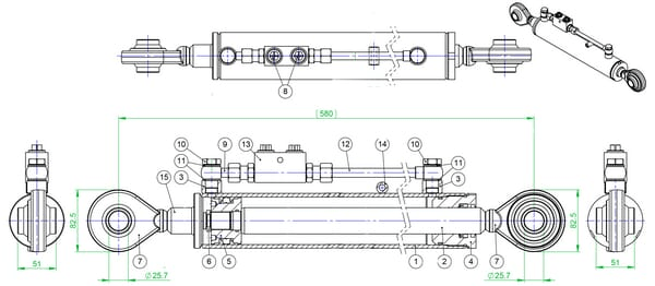 Pièces agricoles - Hydraulique - Barre de poussée hydraulique cat 2/2 avec vanne