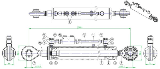 Pièces agricoles - Hydraulique - Barre de poussée hydraulique cat 2/2 avec vanne