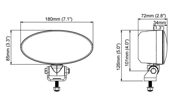Pièces agricoles - Eclairage - Phare de travail LED, 32W, 3500lm, ovale, 12/24V, blanc, boulonné, tête pivotante, 180x126x72mm,Deutsch 2 broches, Flood, 6 LED