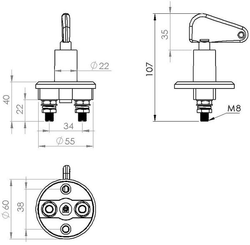 Pièces agricoles - Eclairage - Coupe-batterie rond, noir, M8, 12/24V, 150A/500A (5sec), IP40