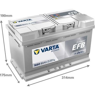 Pièces agricoles - Eclairage - Battery 12V 80Ah 800A N80 VARTA Dynamic EFB