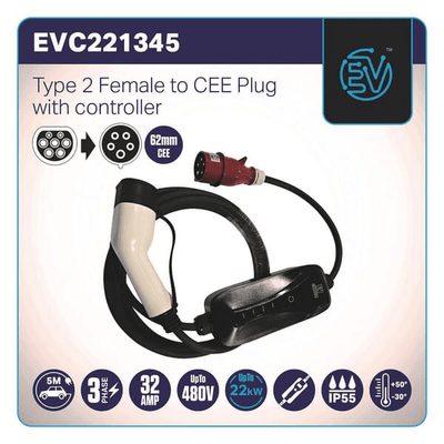 Pièces agricoles - Eclairage - Câble de charge EV, type 2, prise CEE, 22 kW, 32A, 5m