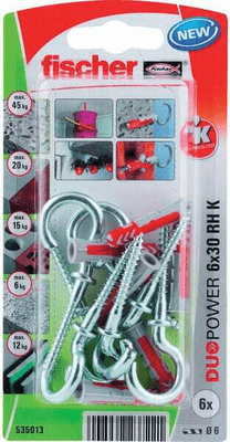 Pièces agricoles - Fasteners - Chevilles tous matériaux DuoPower 6x30 avec crochet rond / Blister de 6