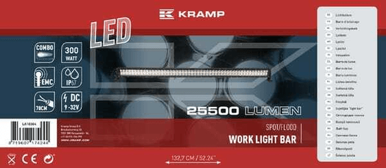 Pièces agricoles - Eclairage - Barre lumineuse LED, 300W, 25500lm, rectangulaire, 12/24V, blanc, 1310x57mm, manchon d'extrémité de câble, Combo, 100 LED, Kram