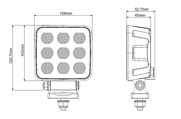Pièces agricoles - Eclairage - Phare de travail LED, 90W, 6800lm, carrée, 12/24V, blanche, 108x120,7x52,7mm Deutsch prise, faisceau large, 18 LED