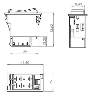 Pièces agricoles - Eclairage - Interrupteur à bascule, (I)-0-(II), mom-off-mom, 12V ou 24V, 8 broches, éclairage de fonction, avec ampoule
