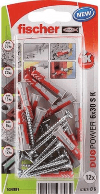 Pièces agricoles - Fasteners - Chevilles tous matériaux DuoPower 6x30 avec vis / Blister de 12