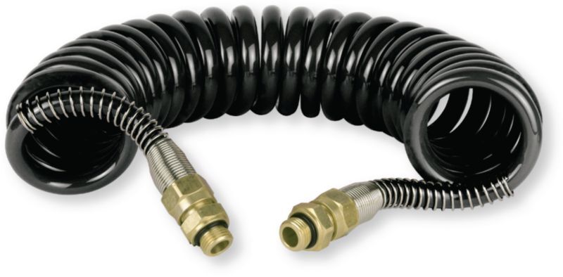 Automobile - Consommables et accessoires auto. - Flexible spiralé noir pneumatique polyuréthane avec adaptateurs 16x150 longueur 4m étirement max 4,8m 24 spires de diamètre 80mm