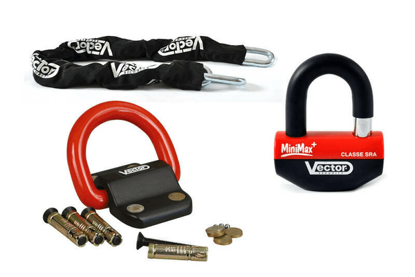 Pièces Quad & Motos - Transport - Garage - Paddock - Kit antivol VECTOR - chaîne 1,30m + cadenas/bloque-disque MiniMax+ + Fixation Compac Blok