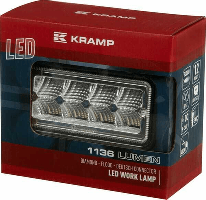 Pièces agricoles - Eclairage - Phare de travail LED rectangulaire LED 12W 1136lm, 9/36V, 69x128mm, 2 prises Deutsch, faisceau large et rapproché, 8 LED, Kramp