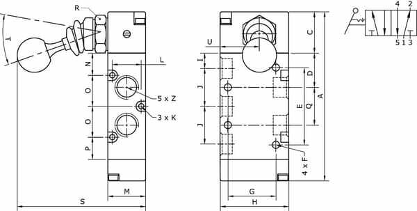 Pièces agricoles - Pièce pneumatique - Vanne 5/2, levier bouton 1/4"