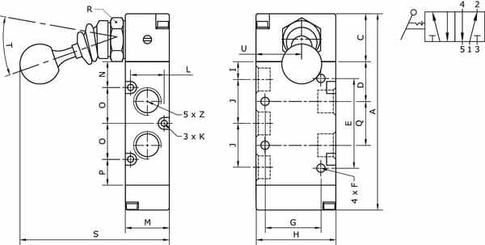 Pièces agricoles - Pièce pneumatique - Vanne 5/2, levier bouton 1/4"