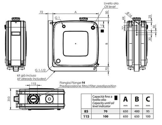 Pièces agricoles - Hydraulique - Réservoir 115L 650x650 + Kit Monosupport