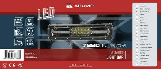 Pièces agricoles - Eclairage - Barre lumineuse LED, 81W, 7290lm, rectangulaire, 12/24V, blanc, 304x57mm, manchon d'extrémité de câble, Combo, 54 LED's, Kramp