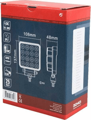 Pièces agricoles - Eclairage - Phare de travail LED 25W, 3040lm,carré 25W 2500lm, 10/30V, 108x48x108mm faisceau large 16 LED Kramp