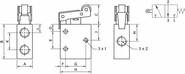 Pièces agricoles - Pièce pneumatique - Vanne 3/2 levier à galet, 1/8"