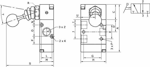 Pièces agricoles - Pièce pneumatique - Vanne 3/2, levier bouton 1/8"