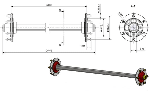 Pièces agricoles - Pièce divers - Essieu non freiné 50x1500mm (160/205/6)