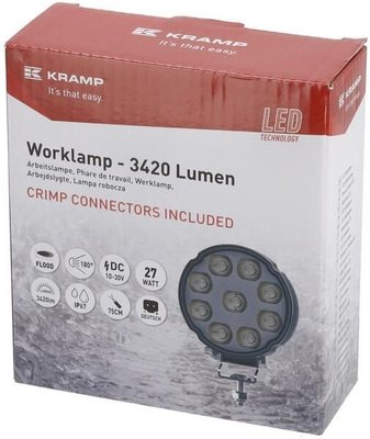 Pièces agricoles - Eclairage - Lampe de travail LED, 27W, 3420lm, ronde, blanche, 100x48,5x120mm, Deutsch 2 broches, inondation, Kramp (boîte de 10 pièces)