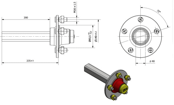 Pièces agricoles - Pièce divers - Fusée d'essieu non freinée 40x200mm (93.5/140/5)