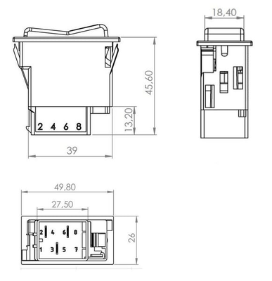 Pièces agricoles - Eclairage - Interrupteur à bascule, II+I-0, off-on-on, 12/24V, 5 pôles, éclairage de fonction, avec ampoule