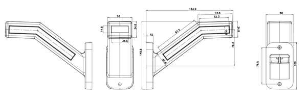 Pièces agricoles - Eclairage - Feu de gabarit gauche LED, 12-24V, 184.9x58x145.5mm, indicateur de direction dynamique, Kramp