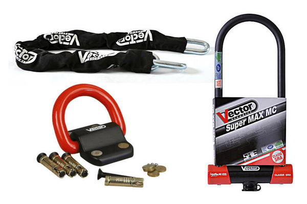 Pièces Quad & Motos - Transport - Garage - Paddock - Kit antivol VECTOR - chaîne 1,30m + antivol U Super MAX MC XXXL + Fixation Compac Blok