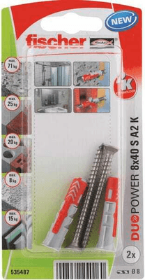 Pièces agricoles - Fasteners - Chevilles tous matériaux DuoPower 8x40 avec vis A2 / Blister de 2