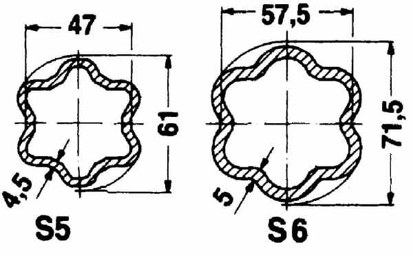 Pièces agricoles - Transmission - Tube profilé étoile S5 Ø ext. : 61x47x4,5 mm L : 1,4 m Walterscheid