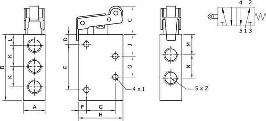 Pièces agricoles - Pièce pneumatique - Vanne 5/2 levier à galet, 1/8"