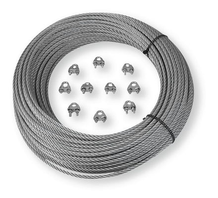 Boulonnerie, quincaillerie - Câbles, Cordes, Chaînes et accessoires, ressorts - Kit câble diamètre 6mm longeur 50m acier galvanisé livré avec serres-câble (par 1)