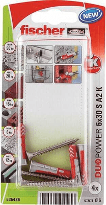 Pièces agricoles - Fasteners - Chevilles tous matériaux DuoPower 6x30 avec vis A2 / Blister de 4