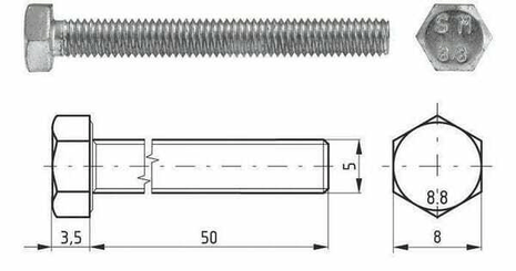 Pièces agricoles - Fasteners - Boulon hexagonal entièrement fileté M5x50 8.8 zing